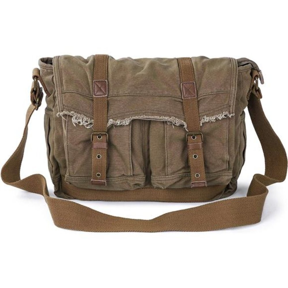 Canvas Messenger Bag - Vintage Shoulder Bag Frayed Style Boho Purse